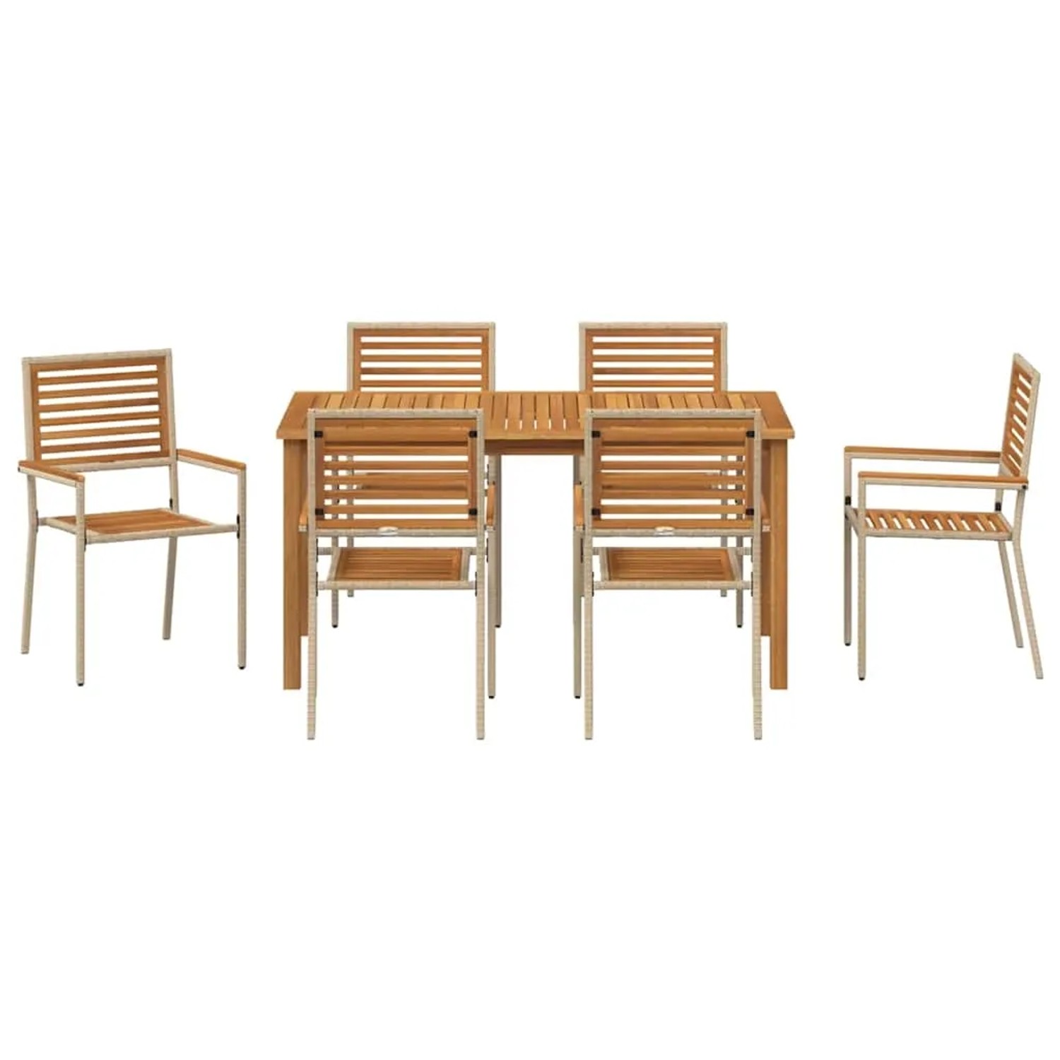 7-teilige Garten Essgruppe von vidaXL, beige Poly Rattan, bestehend aus Tisch und 6 Stühlen.