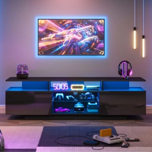 Schwarzer Hochglanz Merax TV-Schrank mit blauer LED-Beleuchtung, 160x40x45 cm. Modernes TV-Möbel mit Stauraum für Medien im Wohnzimmer.