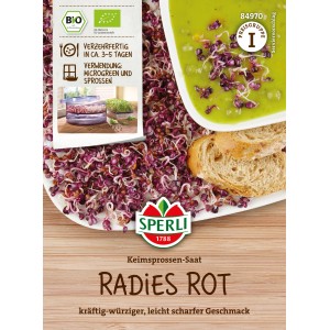Sperli BIO Keimsprossen Radies Rot: Verpackung mit Sprossen, Suppe und Brot auf einem Teller.