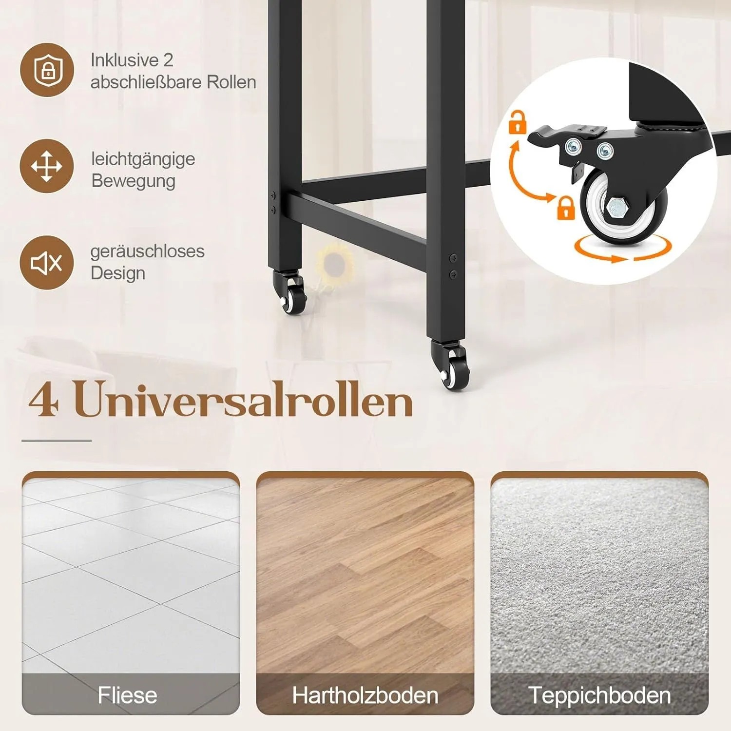 Costway Schreibtisch: 4 Universalrollen, davon 2 feststellbar, für leichte Bewegung auf Fliesen, Hartholz und Teppichböden.