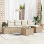 6-teiliges Garten-Sofa-Set aus braunem Poly Rattan mit beigen Kissen und Tisch.
