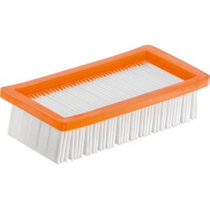 Kärcher Flachfaltenfilter für Aschesauger, rechteckig, mit orangem Rahmen und weißen Filterlamellen.