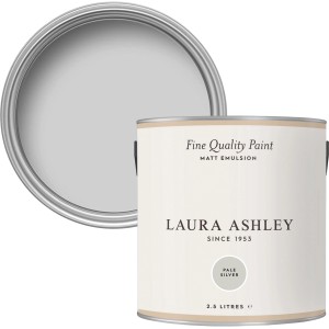 Laura Ashley Wandfarbe Pale Silver Grau, 2,5 l Dose mit geöffnetem Deckel.