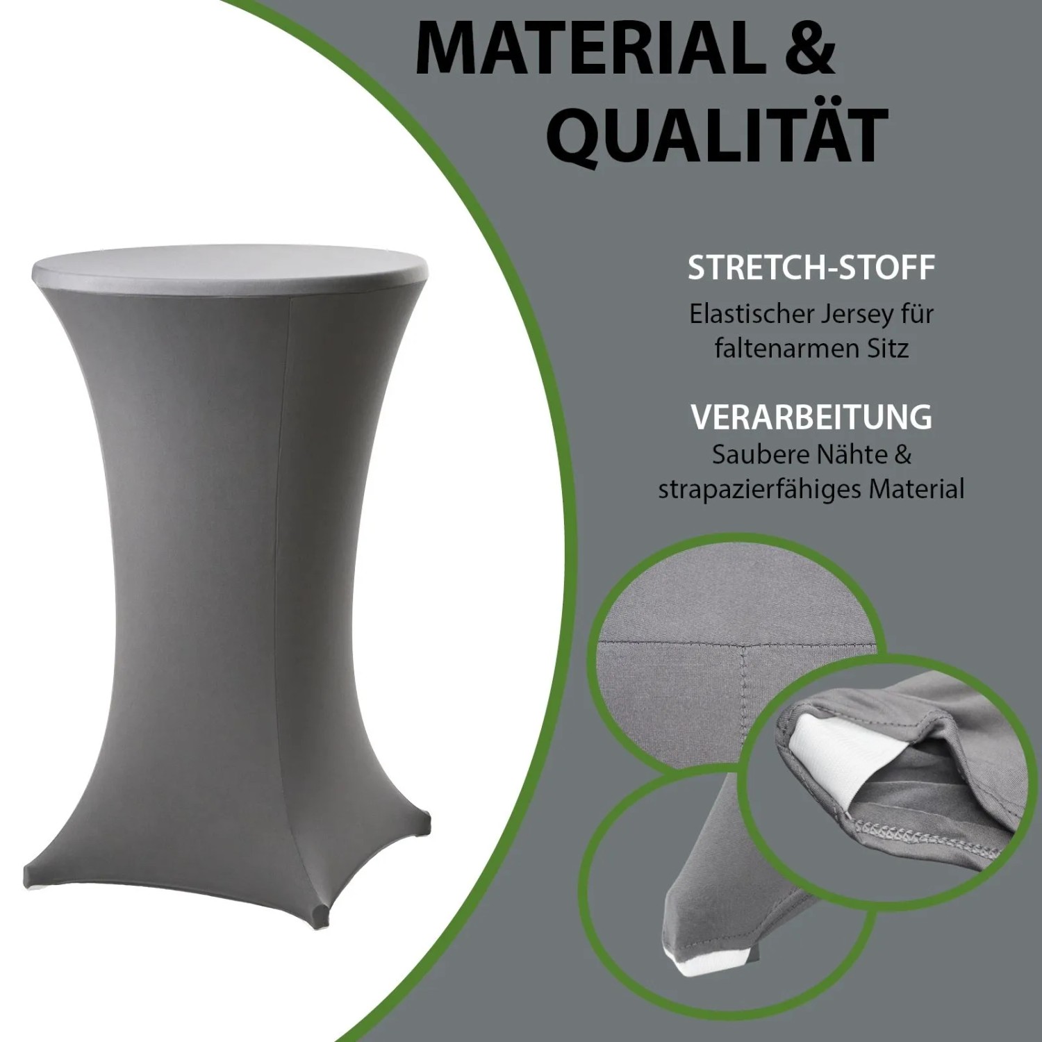 Anthrazitfarbene Stretch-Stehtischhusse für Tische 60-80cm. 5er Set, bügelfrei, strapazierfähig. Ideal für Events.