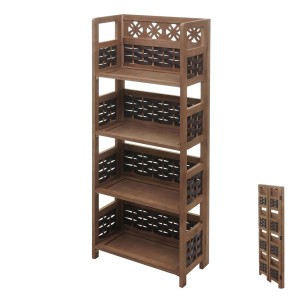 Dunkelbraunes MCW Wandregal K86 mit 4 klappbaren Regalböden und dekorativem Polyrattan-Geflecht.