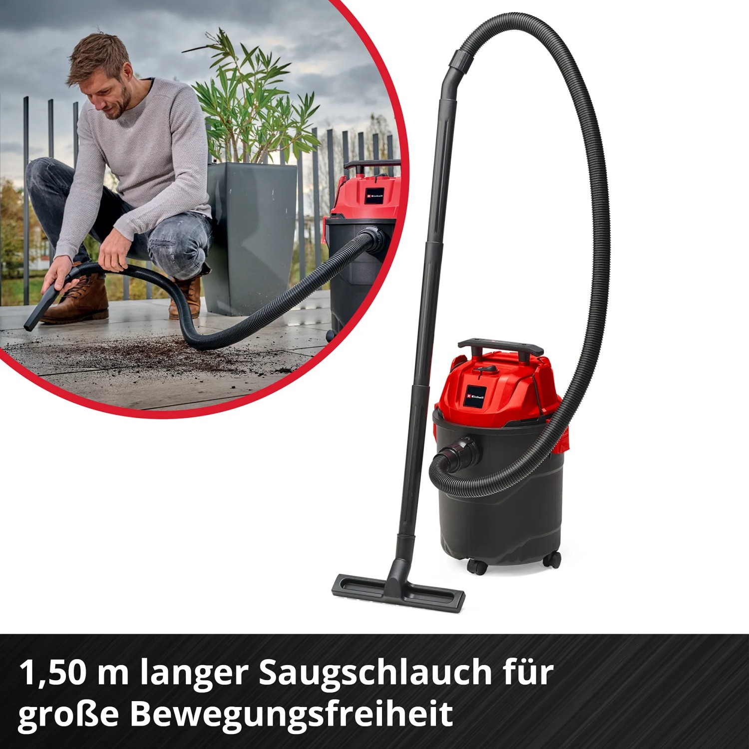 Einhell Nass-Trockensauger TC-VC 1820 in Rot-Schwarz mit Mann beim Saugen im Außenbereich.