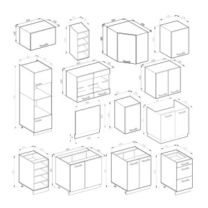 Skizze der Vicco R-Line Eckküche in Bordeaux Hochglanz/Weiß, verschiedene Module mit Maßen.
