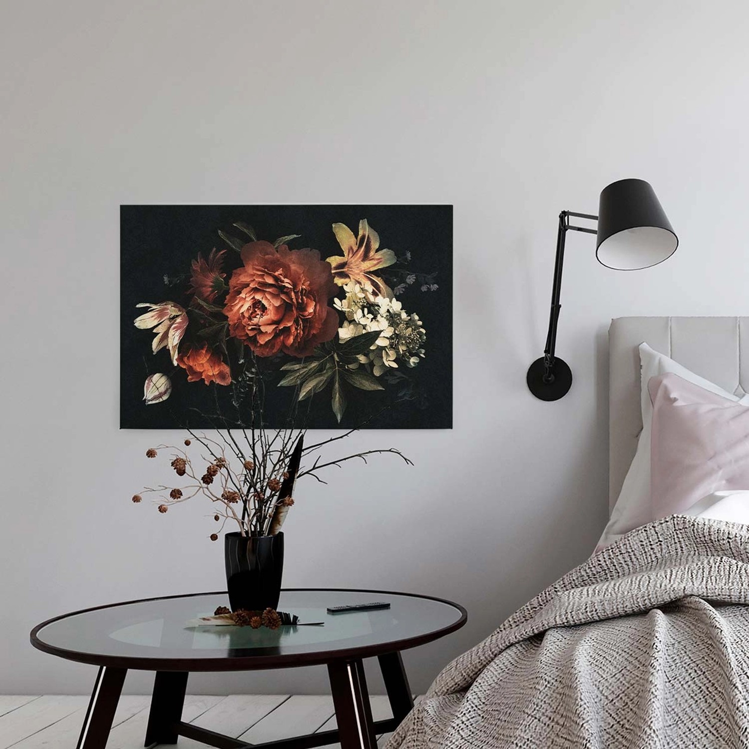 Bricoflor Leinwand Bild Mit Blumen In Schwarz Und Rot Neobarock Wandbild Mit Rosen Und Lilien Canvas Leinwandbild Im Sti