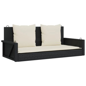 Schwarze vidaXL Hängebank aus Rattan mit cremefarbenen Kissen für den Garten.