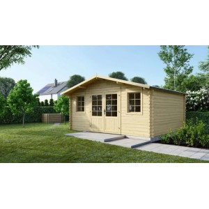 Holz-Gartenhaus Altanka 19.2 m² mit Doppeltür und zwei Fenstern im Garten.