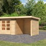 Unbehandeltes Karibu Holz-Gartenhaus Ängelholm mit Pultdach und Anbau. Naturholz mit Doppeltür.