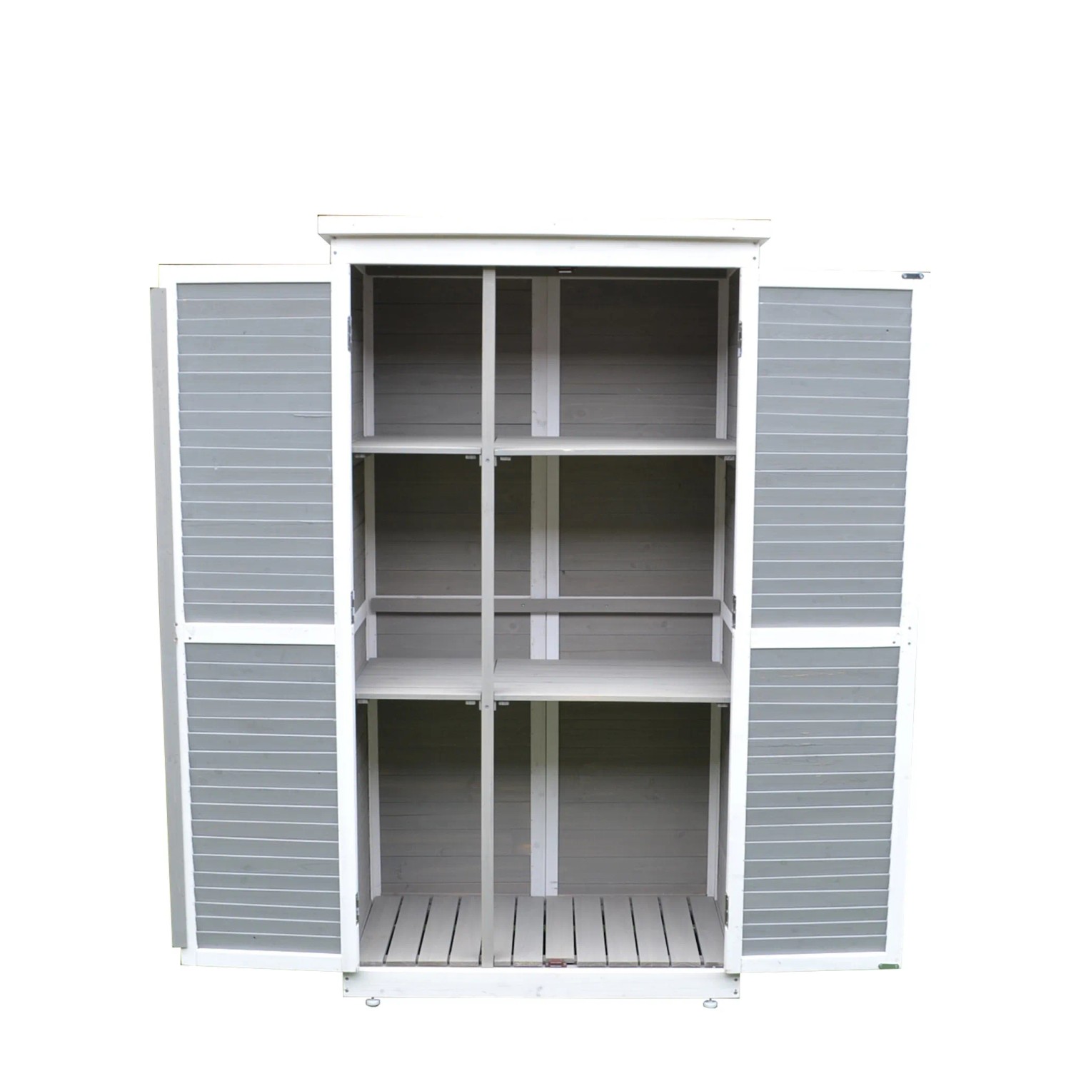 Offener, grau-weißer Leco Gartenschrank Momo 160 cm mit Regalen für Gartengeräte.