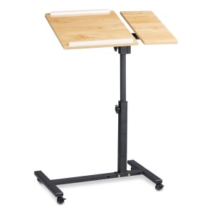 Gelber, höhenverstellbarer Laptoptisch mit neigbaren MDF-Arbeitsflächen und rollbarem Stahlgestell.