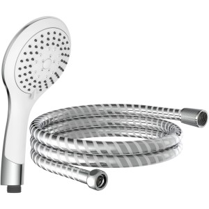 Handbrause-Set Broadway in Chrom-Weiß mit Brauseschlauch. Fünf Strahlarten und Antikalk-Noppen.