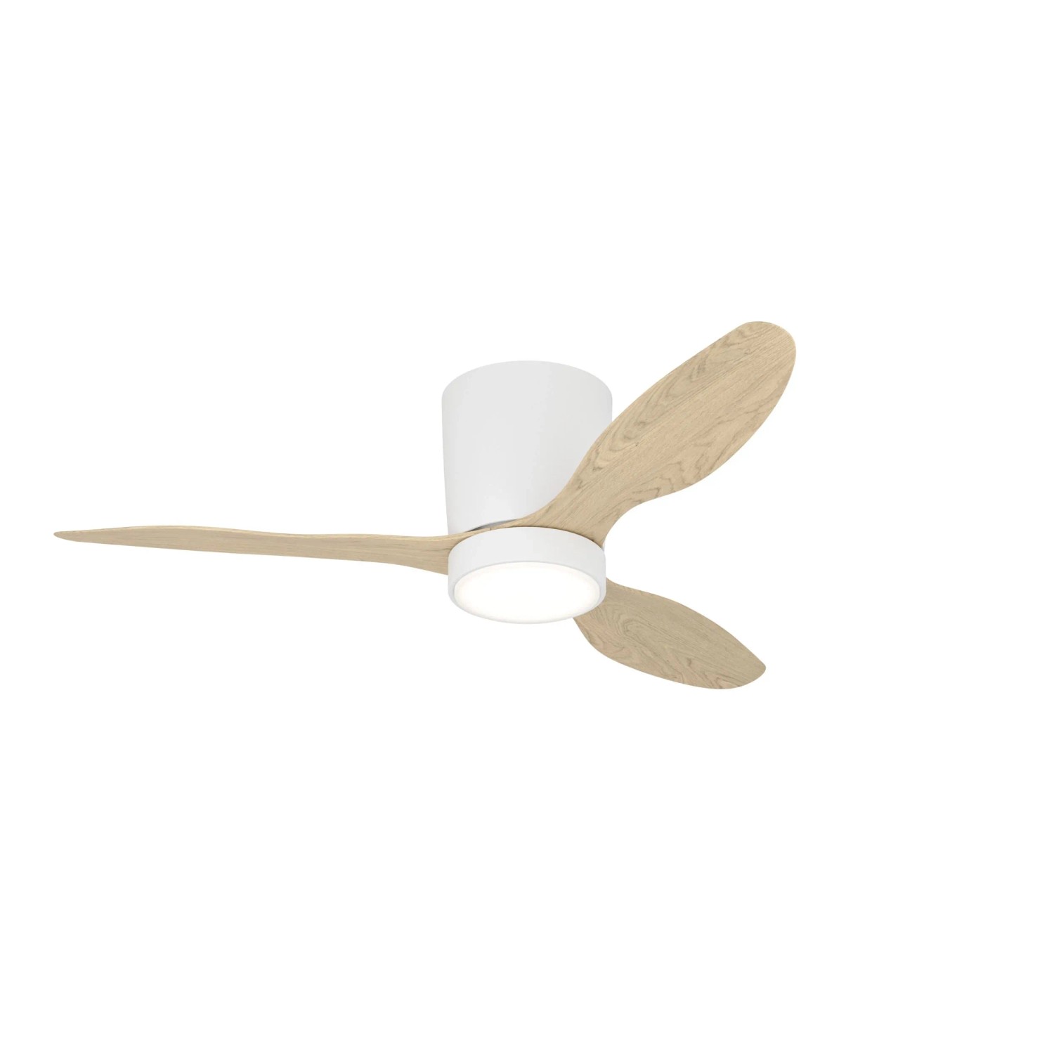 Eglo LED-Deckenventilator Baracares, weißes Gehäuse, drei Holzoptik-Flügel, integrierte LED-Beleuchtung, Ø 106 cm.