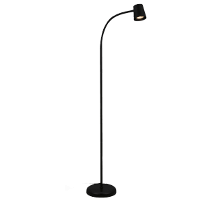 Moderne schwarze Brilo Skriva Stehleuchte aus Metall mit schwenkbarem Kopf und Fußtaster, leuchtet warm.