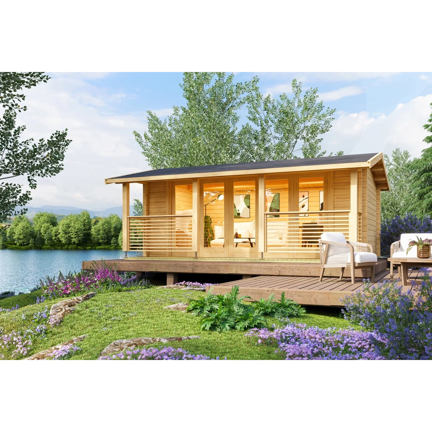 Lasita Maja Gartenhaus Lyndhurst, naturbelassen, mit Terrasse und Gartenmöbeln in idyllischer Umgebung.