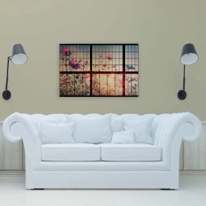 Wandbild Fensterblick Garten mit Blumenwiese im Sonnenuntergang, 90x60 cm, als Deko für Schlafzimmer.