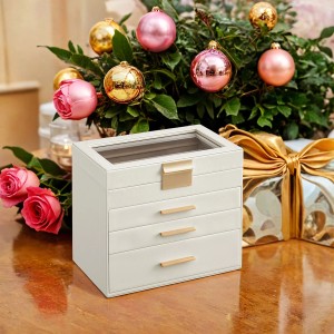 Songmics Schmuckkästchen Greeta mit Glasdeckel Weiß-Beige