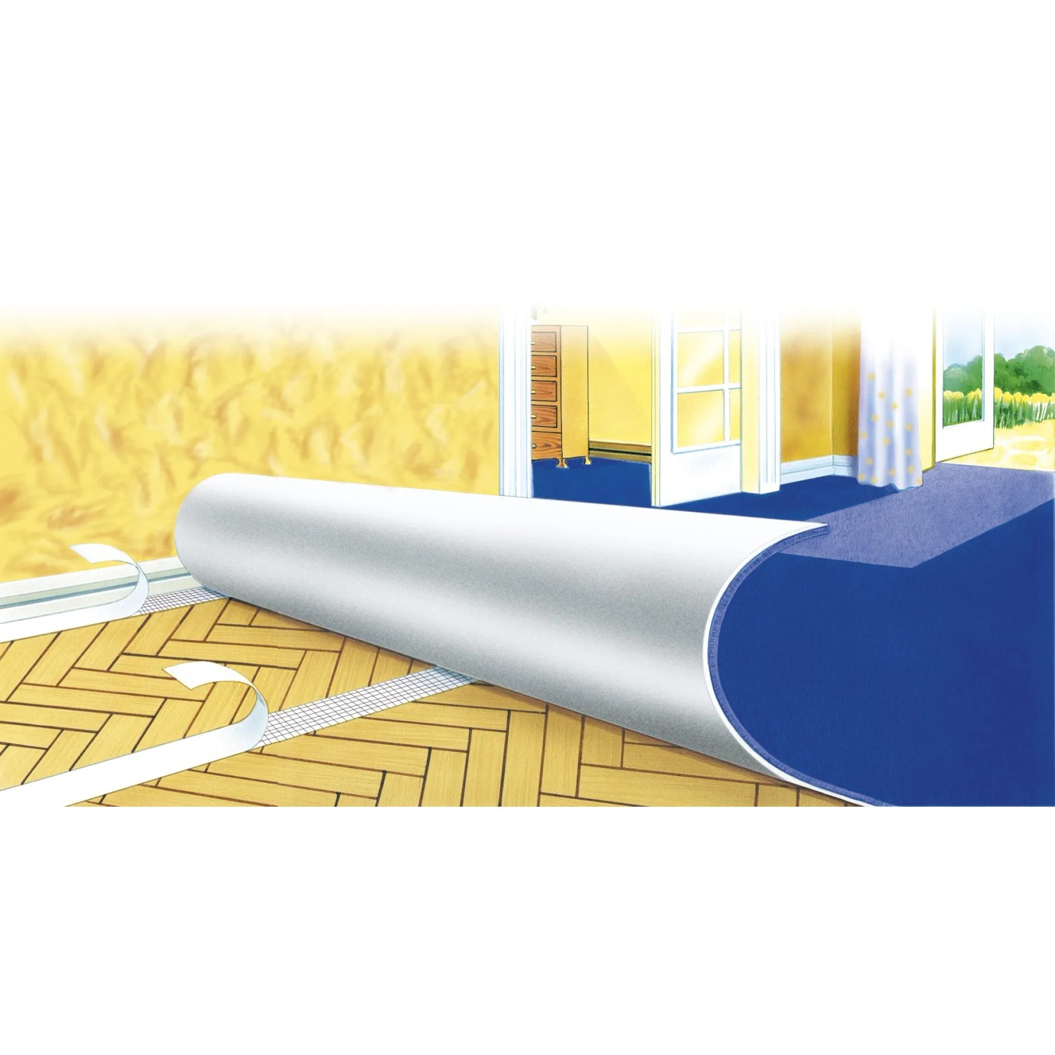 Illustration: Tesa Verlegeband zum rückstandsfreien Verlegen von Teppich und PVC-Böden.