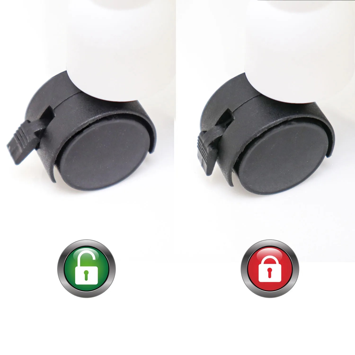 Rollen des MAKLIK Küchenrollwagens im Detail: Eine Rolle ist festgestellt, die andere nicht.