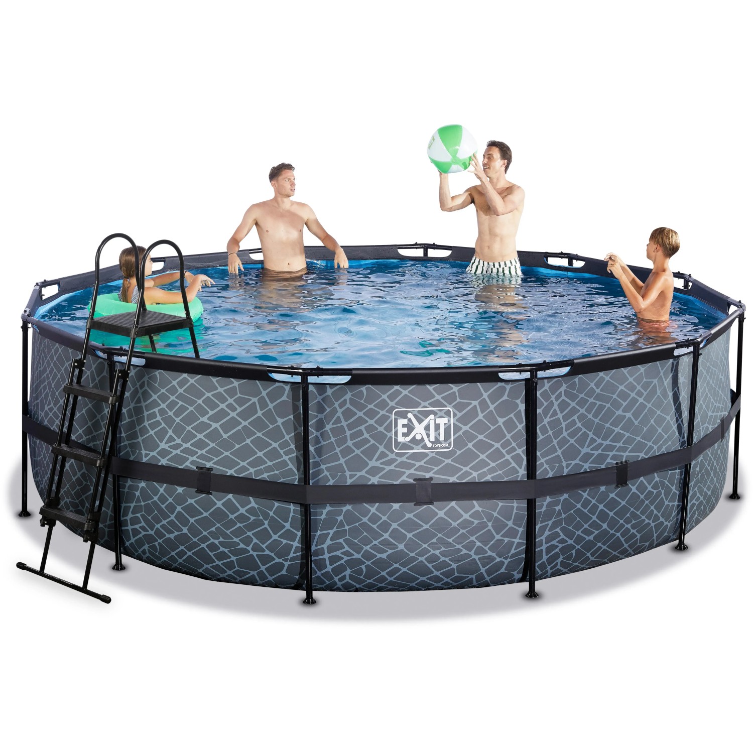 Grauer EXIT Stone Pool Ø450x122cm mit Poolleiter und Filterpumpe, mit Personen im Wasser.