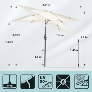 Sekey Sonnenschirm 270 cm mit Maßen und Symbolen für UV-Schutz, Gewicht und Windstabilität.