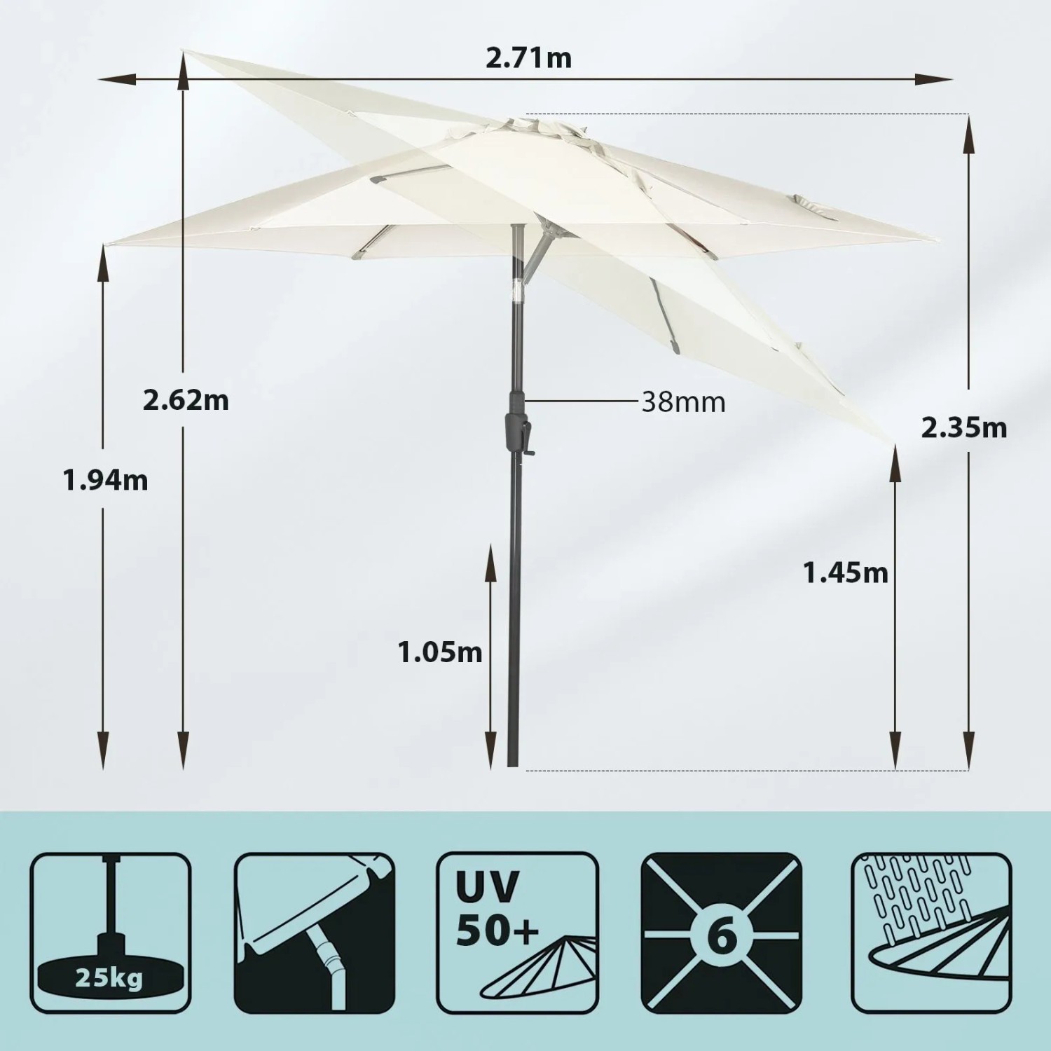 Sekey Sonnenschirm 270 cm mit Maßen und Symbolen für UV-Schutz, Gewicht und Windstabilität.