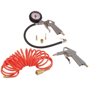 Zubehör-Set für Güde Kompressor: Reifenfüller, Ausblaspistole, Düsen und Spiralschlauch.