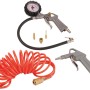 Zubehör-Set für Güde Kompressor: Reifenfüller, Ausblaspistole, Düsen und Spiralschlauch.