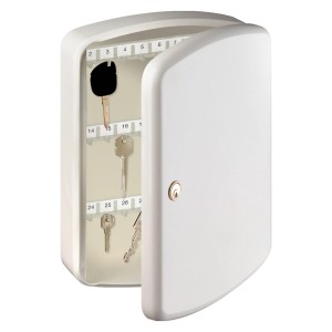 Burg Wächter Schlüsselbox Key Box mit 35 Haken, Stahl, Weiß, offene Tür mit Schlüsseln.