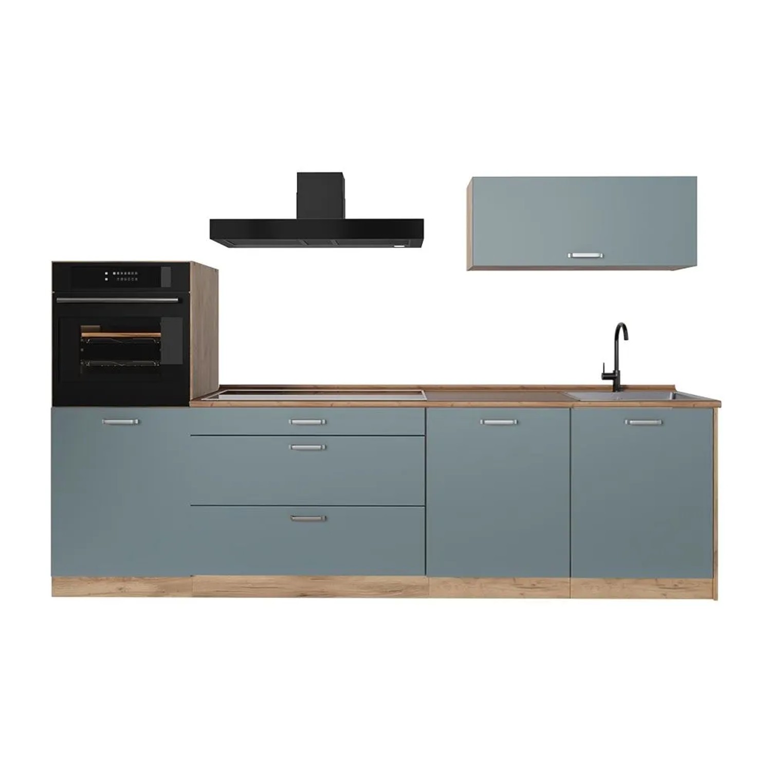 Vicco Küchenzeile R-Line Blau-Grau/Goldkraft Eiche 280 x 143 Arbeitsplatte Goldkraft Eiche Art Nr 67258