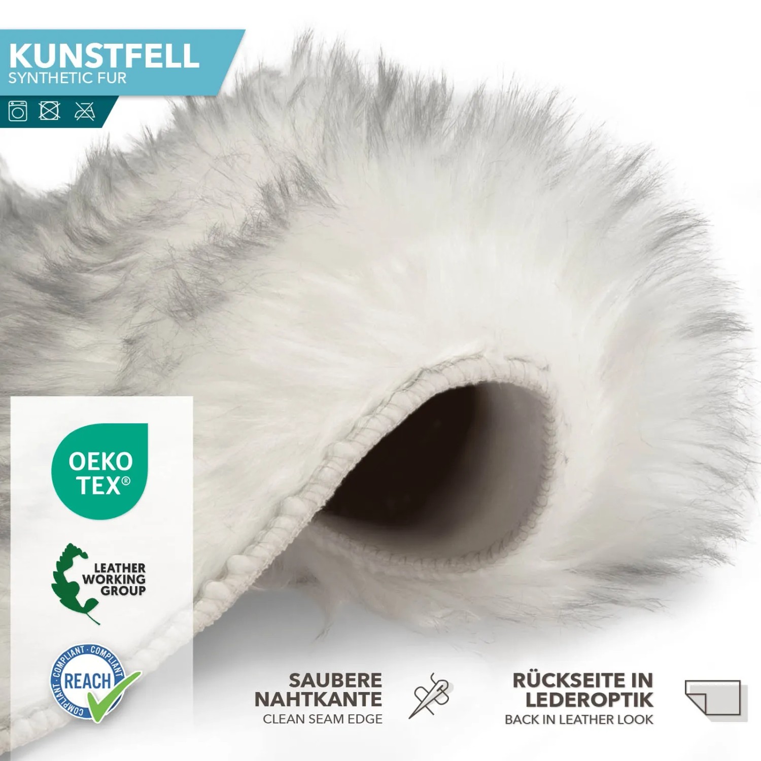 Flauschiges KARAT Kunstfell Nelly Black Tip, Detailaufnahme der Rückseite in Lederoptik und der sauberen Nahtkante.