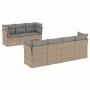 Beige 8-tlg. Garten-Sofagarnitur aus Polyrattan mit Kissen. Gartenmöbel-Set mit Tisch und Stauraum.