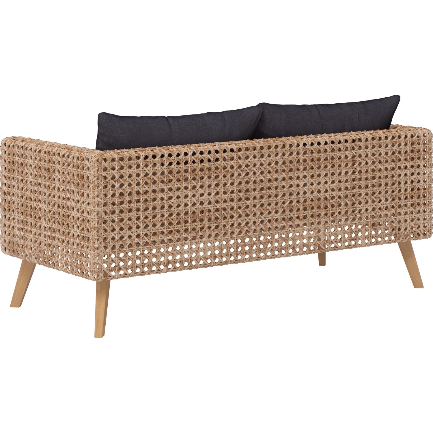 Rückansicht des 2,5-Sitzer Sofa Junee aus Polyrattan in Natur mit anthrazitfarbenen Kissen.