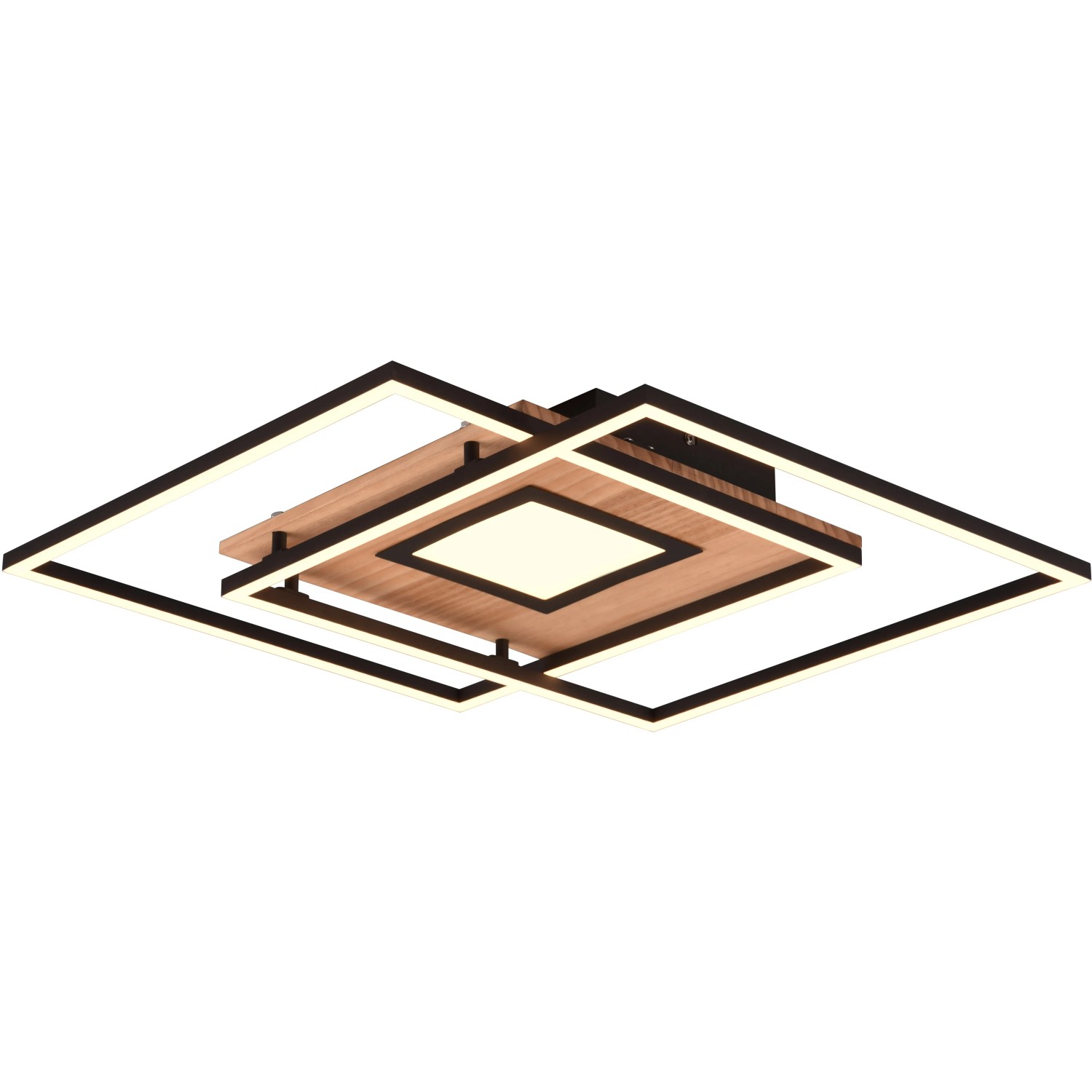 Moderne Trio LED Deckenleuchte Via in Holzoptik und Schwarz matt, Lichtfarbe einstellbar.