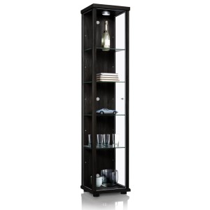 Schwarze Glasvitrine mit LED-Beleuchtung und 4 Glasböden, ideal für Sammlerstücke. Made in Germany.