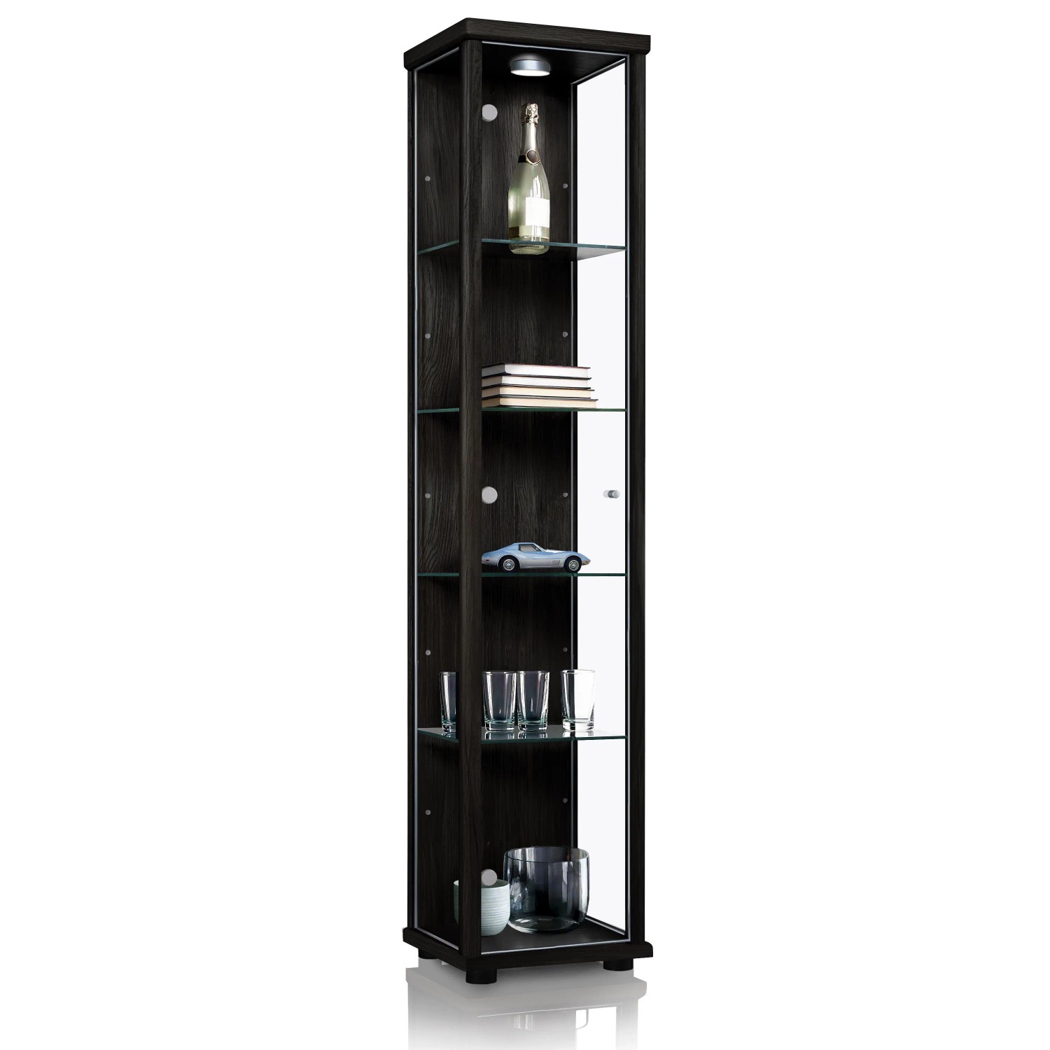 K-Möbel Glasvitrine Stehend 176x37x33 cm Made in Germany mit LED & 4 Höhenverstellbaren Glasböden Schwarz