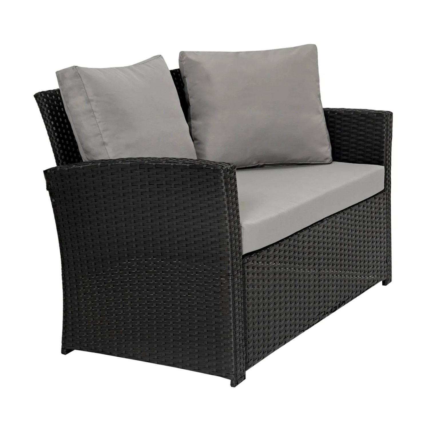 Svita Roma Doppel-Lounge aus Polyrattan in Schwarz mit grauen Kissen, Teil der Gartenmöbel Sitzgruppe.