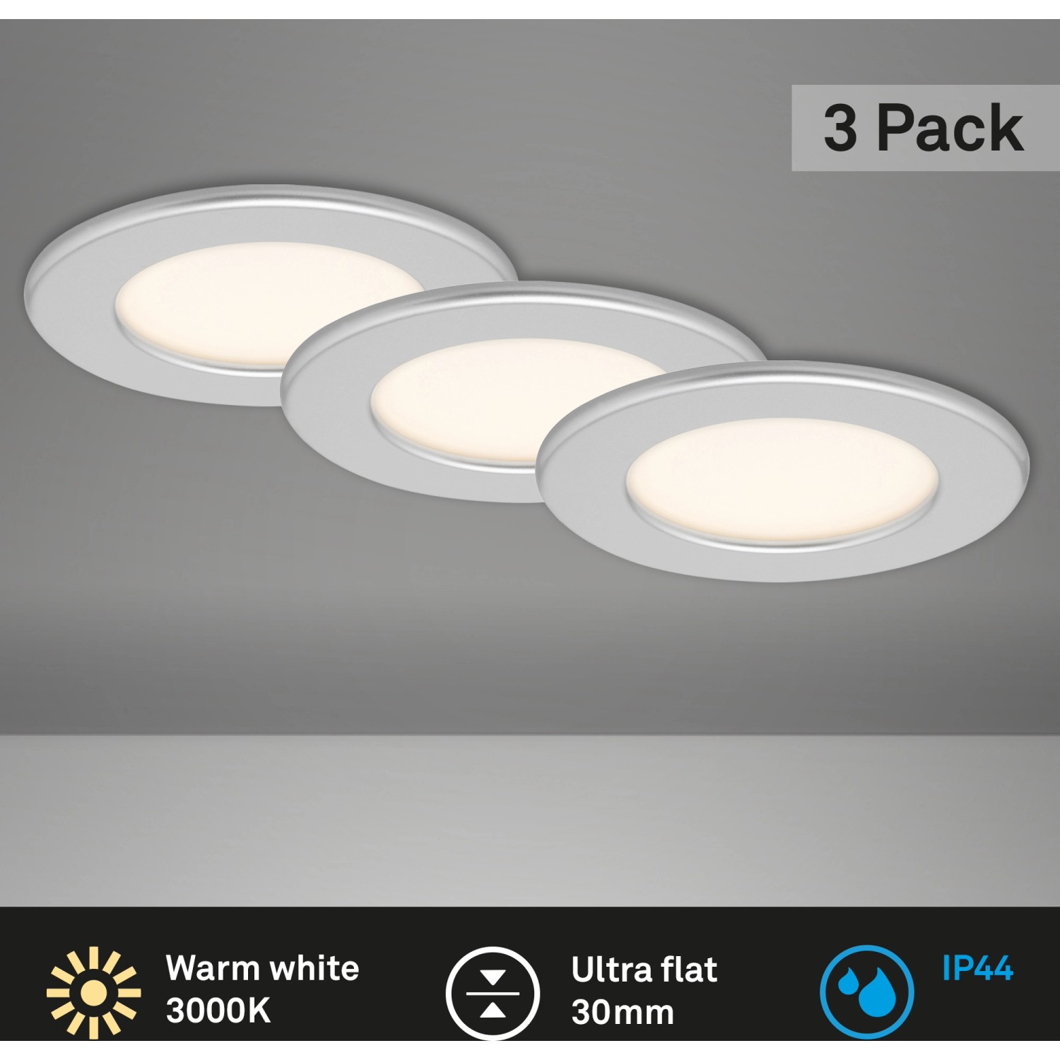 Brilo LED-Einbauleuchte Thin 3er-Set, chrom-matt, warmweiß. Einbaustrahler für Bad & Wohnraum.