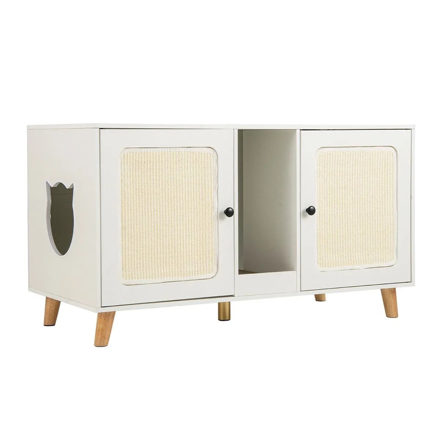 Costway Katzenklo Schrank mit 2 Türen Katzenmöbel Beistelltisch Weiß