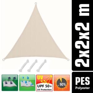 Beiges dreieckiges Sonnensegel aus Polyester, 2x2x2m, wasserabweisend, mit UV-Schutz. Inkl. Seile.