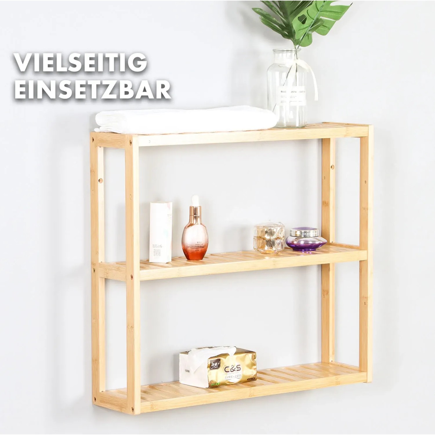 KARAT Bambus Wandregal Wyoming mit 3 Ablagen, braun. Schweberegal für Bad, Küche & Wohnzimmer.
