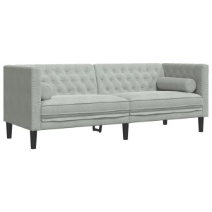 Hellgraues 3-Sitzer Chesterfield Sofa aus Samt mit Nackenrollen.