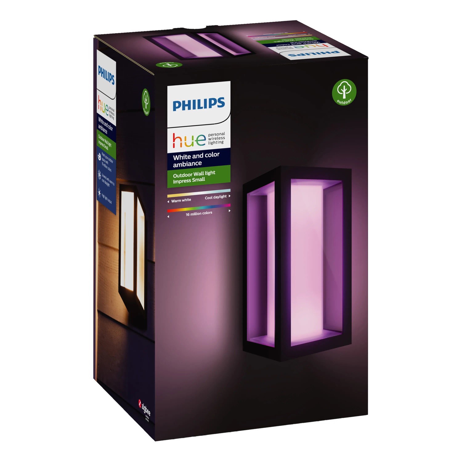 Verpackung der Philips Hue LED-Wandlampe Impress, smarte Außenleuchte in Schwarz mit Farbwechsel.