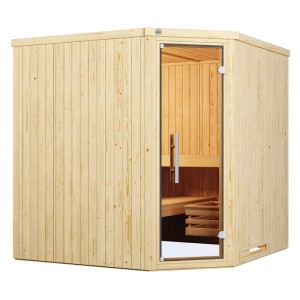Weka Element-Ecksauna Varberg mit Glastür, Fichtenholz naturbelassen. Familiensauna mit Eckeinstieg.