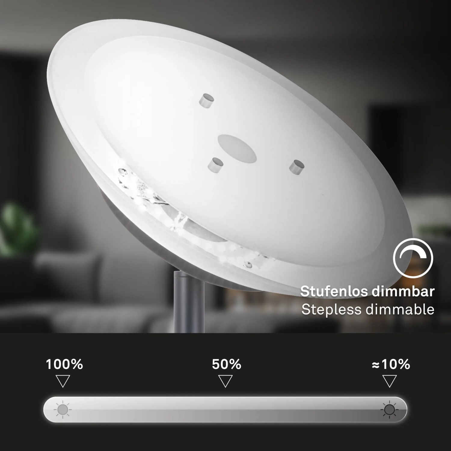 Detailaufnahme der dimmbaren Brilo Stehleuchte Plava in Anthrazit, die verschiedene Dimmstufen zeigt.