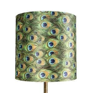 Vintage Stehleuchte Simplo mit zylindrischem Pfauenschirm in Grün, Blau und Gold. Ideal für Wohnzimmer.