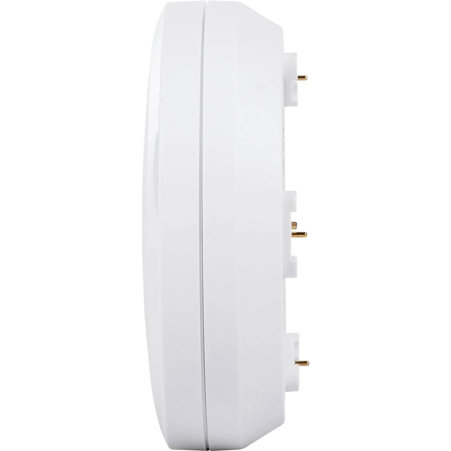 Weißer Homematic IP Wassersensor von der Seite mit goldenen Kontakten. Kompaktes Gerät zur Feuchtigkeitserkennung im Smart Home.