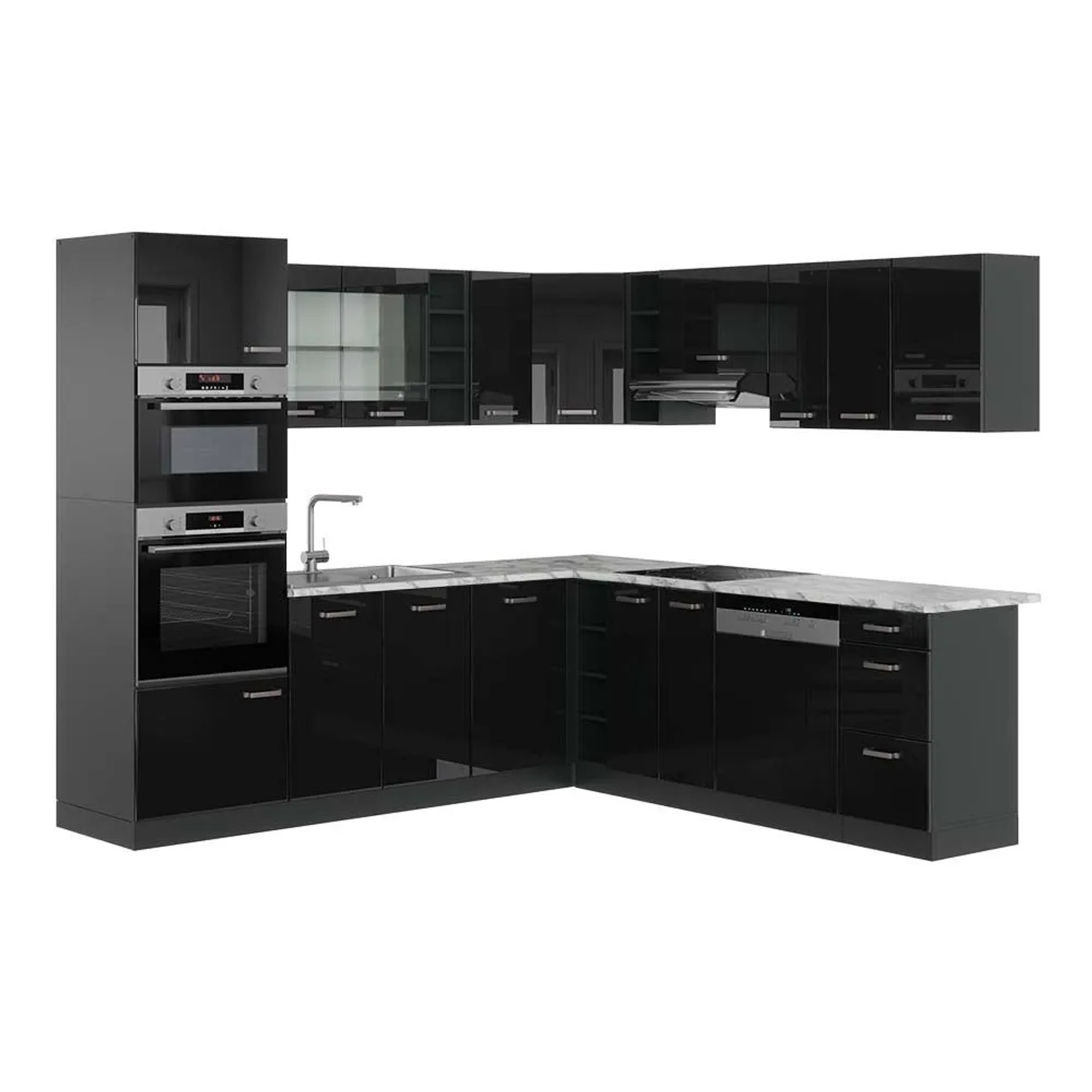Vicco Eckküche R-Line Schwarz Hochglanz/Anthrazit 247 x 82, AP Marmor